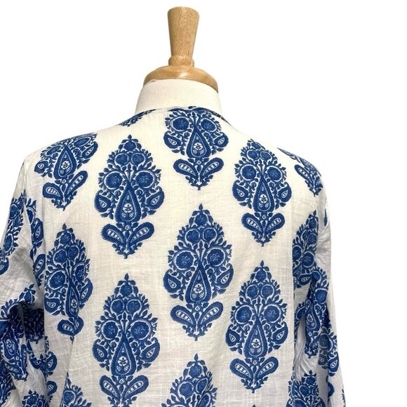 Anokhi Block Printed Indigo 3/4 Sleeve Blouse Top Blue White size Large - Picture 6 of 8